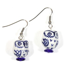 Sophia, Little Owl Blue and White Porcelain Earrings with 316L Surgical Steel Ear Wires