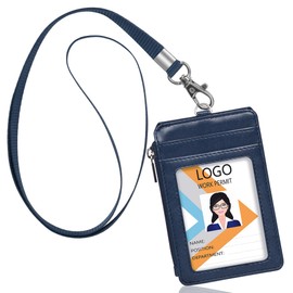 Arae Card Holder PU Leather ID Badge Holder with Vertical Clear ID Card Window, 3 Card Slots, Resealable Zip Pocket and Nylon Collar - 1 Pack, Blue