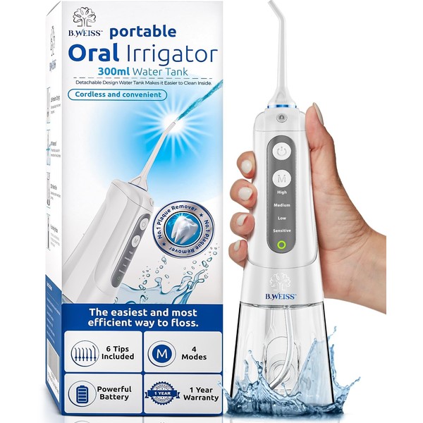 Water Flosser Cordless Pick for Teeth, 4 Modes, Gentle on Gums, Removes Plaque & Food Particles, B. WEISS High-Power, Rechargeable & Waterproof Oral Irrigator; 6 Replacement Tips Included.