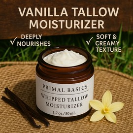 Primal Basics 100% Grass Fed Grass Finished Whipped Vanilla Beef Tallow Moisturizer/Body Balm for Face, Body, Oily, Dry, Sensitive Skin -Contains Vitamins A, D, E, K -USA Made
