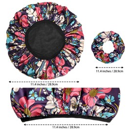 Shower Caps for Women, 2 PCS 3 Layers Terry Lined Shower Cap + 2 Satin Scrunchies, Waterproof Terry Cloth Bath Caps Elastic and Reusable Hair Cap for Shower - (Black+Flower B)