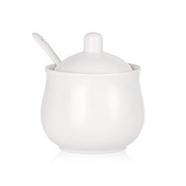 CHILDIKE Pocelain Sugar Bowl with Lid and Spoon, White Ceramic Sugar Jar 200 ml