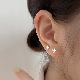 Star Stud Earrings for Women S925 Sterling Silver Stud Flat Back Earrings Asymmetrical Gold Earrings Teenage Girls Hypoallergenic Earrings Jewelry (Silver)