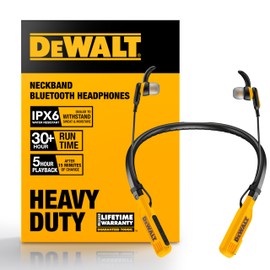 DEWALT Heavy Duty Bluetooth Neckband Headphones, Wireless Around The Neck Earbuds w/ 30H Runtime + Noise Isolation, Secure Magnetic Wireless Earbuds, Jobsite Pro Built-in Mic Bluetooth Headsets