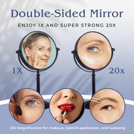 MIRRORVANA 20X Magnified Makeup Mirror with Stand - Double Sided 20x and 1x Cosmetic Mirror for Make Up Desk, Dressing Table, Bathroom Countertop - 6" Wide & 12" Tall (Black)