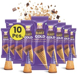 Pure Temptation Gold Chocoblast Waffle Cones [10 Pieces] Snacks for Kids & Adults - Non-Meltable Chocolate Gift Box - Individually Wrapped Chocolate-Filled Waffle Cones Bites for Christmas Gifts