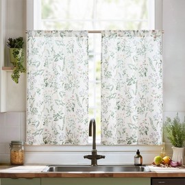 TOPICK Floral Kitchen Curtains Over Sink Farmhouse Linen Tier Curtains 36 Inch Length Cafe Curtains for Living Room Bathroom Cupboard Botanical Small Curtains Rod Pocket 2 Panels Green