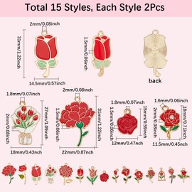SUNNYCLUE 1 Box 30 Pieces 15 Styles Red Enamel Charm Rose Charms Bulk Pack Alloy Sweet Spring Flowers Charm for Valentine's Day for Jewellery Making Charms DIY Crafts Necklaces Bracelets