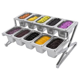 SNKOURIN Expandable Spice Rack, 2-Tier Stainless Steel Organizer Shelf with Pans Ladles Lids, Countertop Holder for Sauce Ingredients Fruits, for Kitchen Use (10 x 1/9 Pans)