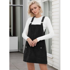 YUENIU Women's Corduroy Overall Dress Adjustable Straps Pinafore Jumper Short Skirt with Pockets Black