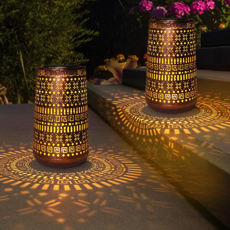 Solar Lantern Outdoor Hanging Lights, Moroccan Metal Hollow-Out Solar Lantern