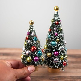 Set of 2 Miniature Decorated Frosted Bottle Brush Christmas Trees - Classic Holiday Snowy Bristle Sisal Trees (4-1/2" + 6-1/2")