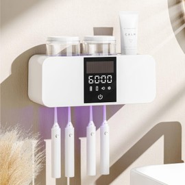 Smart Wall-Mounted Toothbrush Holder with Solar Charging, 4 Brush Slots & 2 Cup, Multi-Function Electric Toothbrush Organizer with Built-in Dryer for Home Bathroom (White)