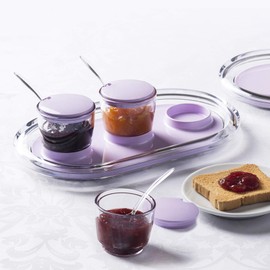 Omada Design Tray for jams and sauces 10,63 x 4,72 inch Inside Colored and Transparent Acrylic Border with 3 Jars and 3 teaspoons, Crystal line, Red
