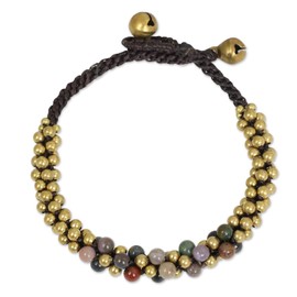 NOVICA Handmade Jasper Brass Beaded Bracelet Multicolor Gold Tone Thailand Birthstone [7 in min L x 7.75 in max L x 0.3 in W] 'Rainbow Helix'