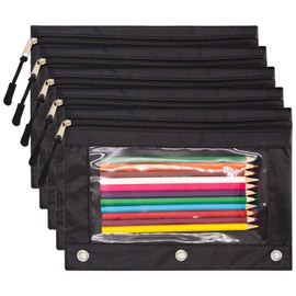 DoDoDoMagxanadu - Estuche para lápices con 3 anillos con tiradores de cierre, estuche transparente para ventana con remache, 3 anillos, color negro, paquete de 5