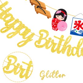 Japanese Style Birthday Banner with Gold Glitter, 3 Strands Japan Theme Party Garland Decor featuring Kitsune Mask & Sakura, Unique Asian Themed Birthday Decor for Boys Girls