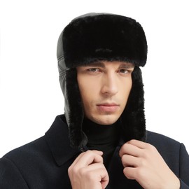 Yosang Trapper Hat Winter Hunter Ushanka Ear Flaps Sport Leather Black Hat