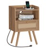 SUPERJARE Nightstand with Charging Station & Rattan-Like Decor Drawer, Rattan