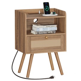 SUPERJARE Nightstand with Charging Station & Rattan-Like Decor Drawer, Rattan End Table with Solid Wood Feet, Bed Side Table with Open Storage, for Bedroom, Living Room, Dormitory, Walnut