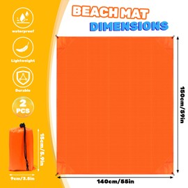 Roucerlin 2 Pack Pocket Beach Blanket with Bag, 59'' x 55'' (2-3 Adults) Beach Mat Sand Free Waterproof, Lightweight Outdoor Picnic Blankets, Packable Camping Blanket Tarp for Hiking Travel (Orange)
