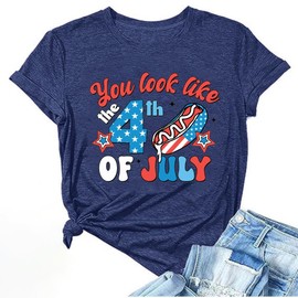 America Shirts for Women Funny You Look Like The 4th of July Graphic Print Hot Dog T Shirts Summer Casual Short Sleeve Red White and Blue Tee Tops(Dark Blue L)