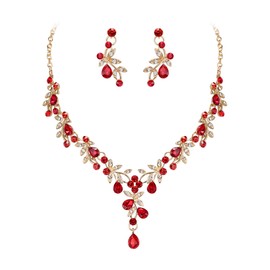 Clearine Wedding Jewellery Set for Women Bride, Y-Necklace Dangle Earrings Set Stunning Crystal Teardrop Leaf Flower Cluster Prom Jewellery for Bridal Bridesmaid Ruby Gold-Tone