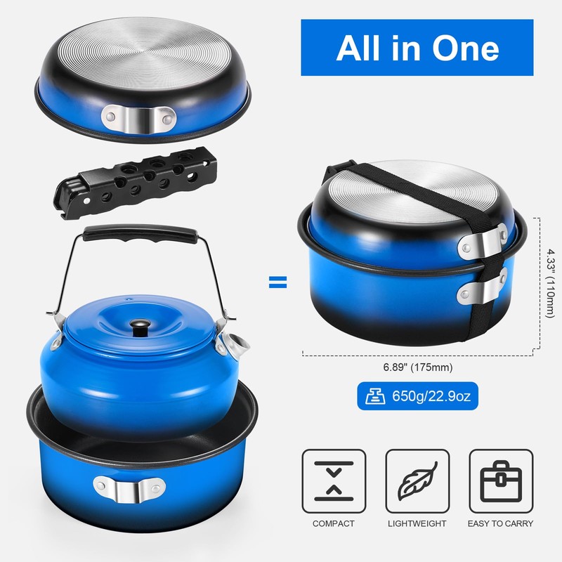 Odoland 5pcs Camping Cookware Mess Kit, Non-Stick Lightweight Pot Pan