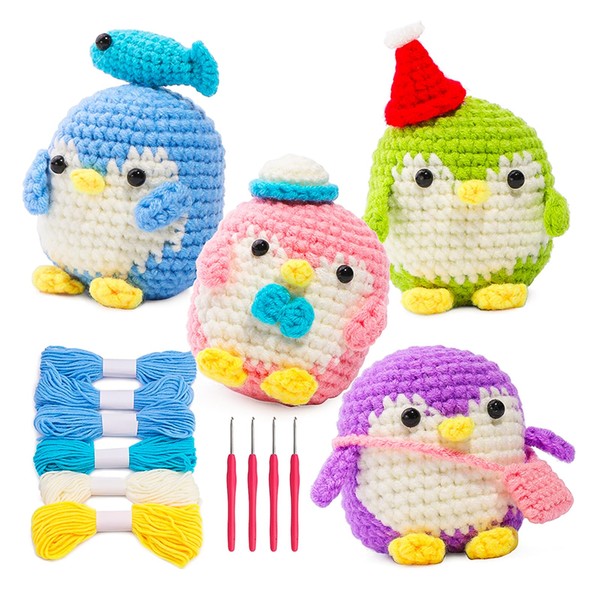 Crochet Kit for Beginners, Crochet Animal Kit 4 Pcs Penguins