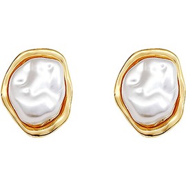 Baroque Pearl Stud Earrings For Women 14k Gold Plated Irregular Pearl Earrings Chunky Big Pearl Earring Vintage Pearl Statement Earring Jewelry Gift For Women (Gold)