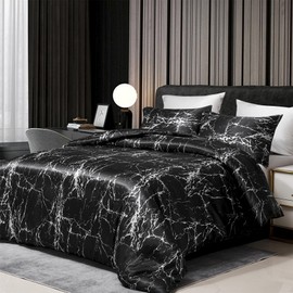 Gezu Satin Bed Linen Shiny Bed Linen Marble 135 x 200 cm Silk Smooth Luxury Gloss Satin Black White Grey Bed Linen Set Marble Look Reversible Duvet Cover 135 x 200 cm + Pillowcase 80 x 80 cm with Zip