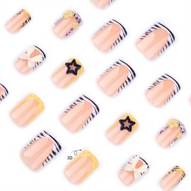 Press on Nails Short Square Fake Nails with Design Zebra French Tip Acrylic Nails 3D Yellow Drip Gel Bow Flower Glue ons Artificial Full Cover False Nails Stick on Nail for Women 24Pcs Manicure