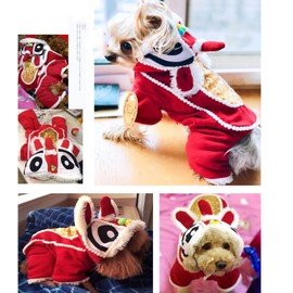 SEIS Lion Dance Dog Four-Legged Costume New Year Pet Clothes Cute Cat Tang Suit Winter Teddy Hoodies for Cats Teddy Bichon Small Medium Dogs (M (Chest Circumference 54cm/ 21.2"))