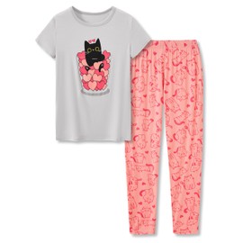 Tebbis Coral Cat Pajamas for Girls Modal Fiber Tee & Pants Pj Set Tween Size 12
