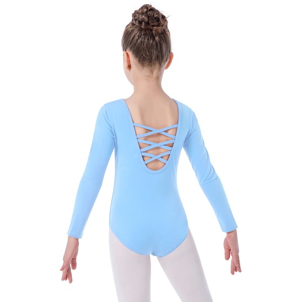 MOLLDAN Maillot de ballet de manga larga para niñas con correas cruzadas en la espalda, Azul/claro, 10-12 Años