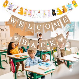Retro Jute Welcome Back Garland Banner + Forest Creatures Banner, Welcome Back Decoration, Welcome Home Garland, Decorative Hessian Banner for Party, Festival, Celebration, Back to School Decoration,