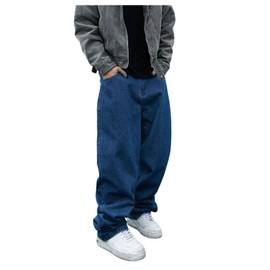 Verdusa Men's Vintage Baggy Jeans Wide Leg Denim Pants with Pockets Blue Large