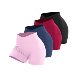 Pantalones cortos de entrenamiento para mujer, paquete de 2 piezas, cintura cruzada, gimnasio, elastano, elástico de compresión para yoga, con bolsillos laterales, Negro+rojo+azul marino+rosa, Small