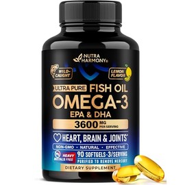 Omega 3 Fish Oil 3600 mg - Omega 3 Supplement | EPA & DHA - Heavy Metals Free - Heart, Brain & Joint Support - Purified Fish Oil for Men & Women - Lab Tested - Lemon Flavored - 90 Softgels