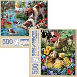 Bits and Pieces - Value Set of Two (2) 500 Piece Jigsaw Puzzles for Adults Cat Nap, Puppy Swimming - Each Puzzle Measures 18" X 24" - 500 pc Jigsaws by Artist Larry Jones