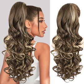 AISI BEAUTY Ponytail Extension，Drawstring Ponytail Extension for Women Synthetic Long Wavy Pony Tails Hair Extensions Clip in Ponytail 24 Inch Hairpiece(8/10H27)