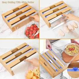 AIMALL Bamboo Food Wrap Dispenser Cutter Foil Cling Film Storage Holder Box Kitchen - Storage Solution for Neat Counters