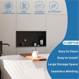 OLNGYUE Shower Niche Stainless Steel:No Tile Needed - 24"x12" Recessed Wall Niche Shelf for Bathroom Kitchen Toilet Living Room Storage - Matte Black