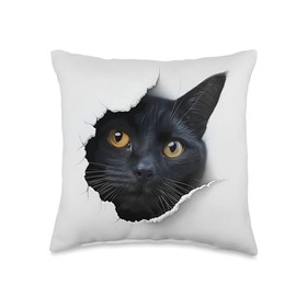 Mischievous Cat Peeking Through Hole Pet Lover Black Cat Throw Pillow