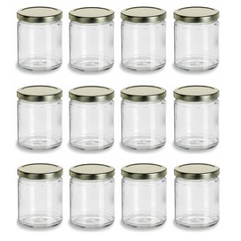 Nakpunar 12 pcs 9 oz Straight Sided Glass Jars with Gold Lids for Jam, Honey, Wedding Favors, Shower Favors, Candle Making DIY Magnetic Spice Jars (9 oz, Gold)