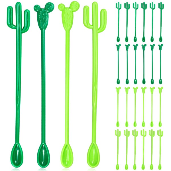 DOERDO 24Pcs Cocktail Stirring Spoons Cactus Shaped Drink Stir Swizzle Sticks for Party Decorations, Green, 8.3Inch