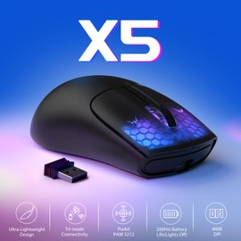 ATTACK SHARK X5 Ultra-leichte kabellose Gaming-Mäuse 49g,Tri-Mode Kabelgebunden/2.4G/BT5.0,PAW3312 PixArt Optischer Sensor,bis zu 4000DPI,RGB mit Langer Batterielebensdauer für Büro/Spiel-Schwarz