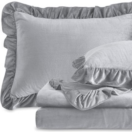 kisswish Plush Velvet Sheet Set - Full Size 4-Piece - Ruffled Edge Design, 16 Inch Deep Pocket, Anti-Pilling & Fade Resistant - 220 GSM Breathable Luxury All-Season Bedding, Grey