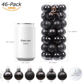 Sea Team 46-Pack Christmas Ball Ornaments with Strings, 30mm/1.18" Mini Size Baubles, Shatterproof Plastic Christmas Bulbs, Hanging Decorations for Xmas Tree, Holiday, Wedding, Party, Black