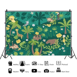 7x5ft Jungle Forest Backdrop Cartoon Animals Monkey Giraffe Palm Tree Green Background Birthday Baby Shower Party Supplies Wall Hanging Decor Kids Children Portrait Photo Studio Props